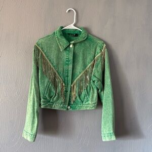 Nwt Rhinestone Fringe Acid Wash Green Denim Jacket Size Small